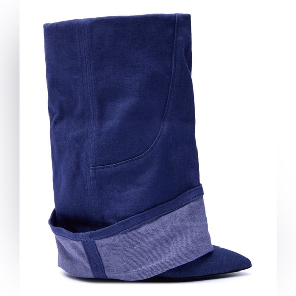 Azalea Wang Shoes - Blue Denim-Look Pointed Toe Ankle Boots